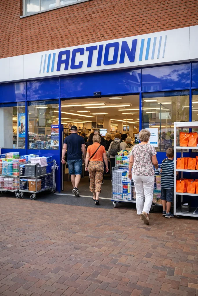 Realistische foto van een Action-winkel in Houten met klanten bij de ingang.