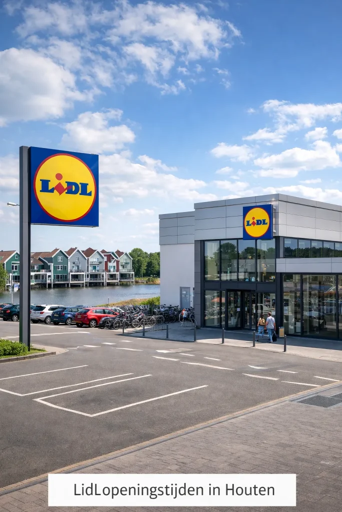 Een realistische foto van een moderne Lidl-winkel in Houten op een heldere dag, met parkeerplaats en een nette omgeving.
