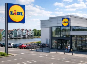 Een realistische foto van een moderne Lidl-winkel in Houten op een heldere dag, met parkeerplaats en een nette omgeving.