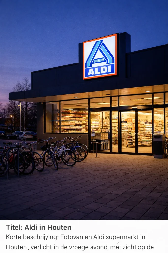Realistische foto van een Aldi-supermarkt in Houten, met een moderne gevel, fietsen voor de ingang en warme avondverlichting.