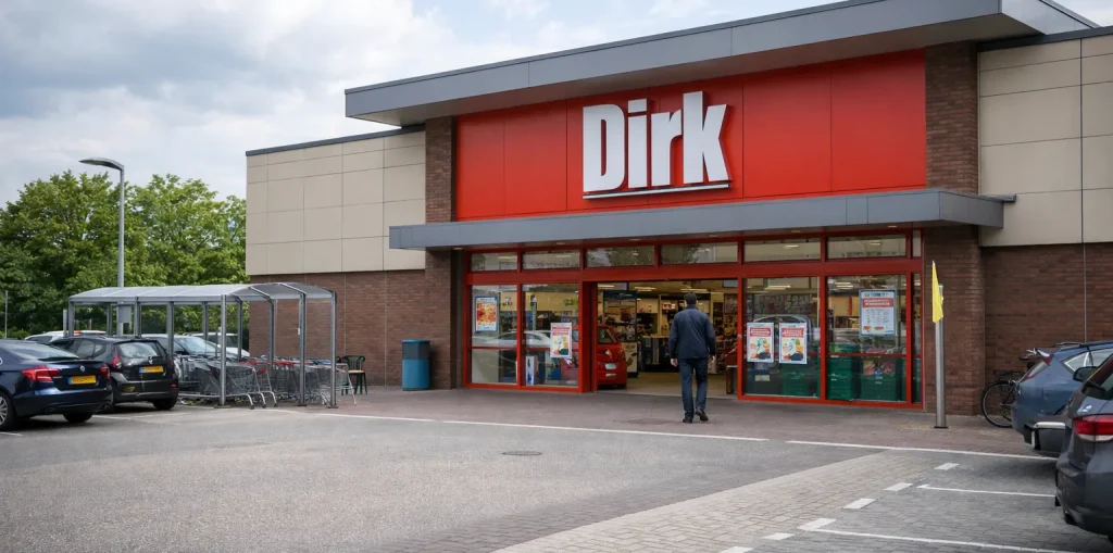 Realistische foto van de buitenkant van Dirk van den Broek in Houten, overdag, met winkelentree en parkeerterrein, zonder tekst in beeld.