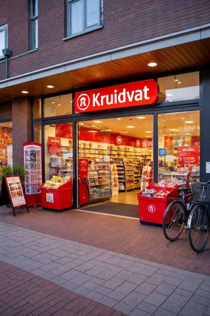 Realistische foto van een Kruidvat-winkel in Houten, zonder tekst in beeld.