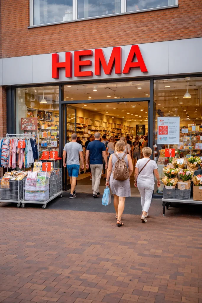 Realistische foto van een HEMA-winkel in Houten met klanten bij de ingang.