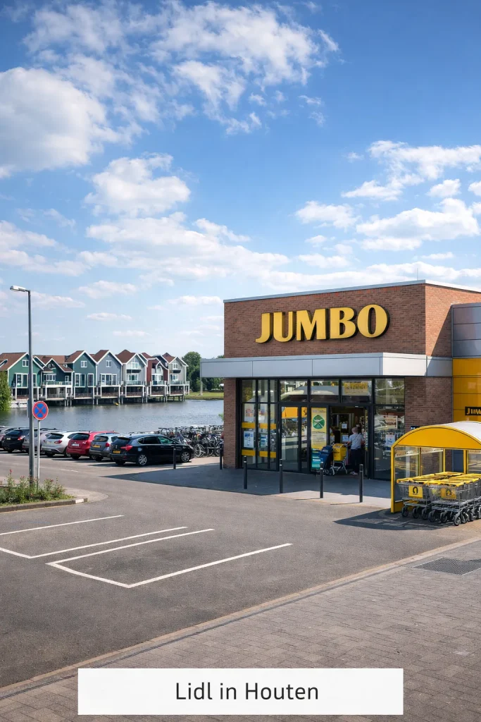 Een realistische foto van een moderne Jumbo-supermarkt in Houten op een heldere dag, met parkeerplaats en een rustige woonomgeving.
