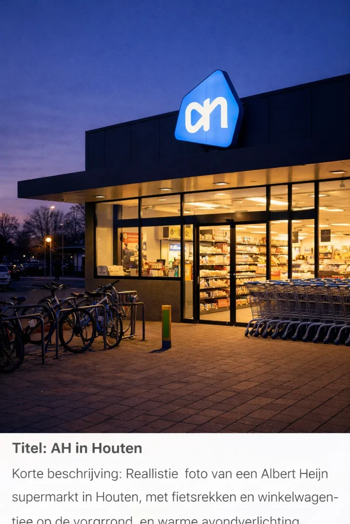 Realistische foto van een Albert Heijn in Houten, met fietsen, winkelwagens en warme avondverlichting.