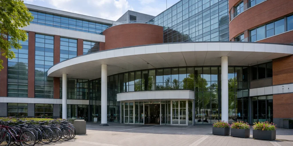 Realistische foto van het stadhuis in Houten, met moderne gevel, glazen ingang en ruim plein, overdag en zonder tekst in beeld.