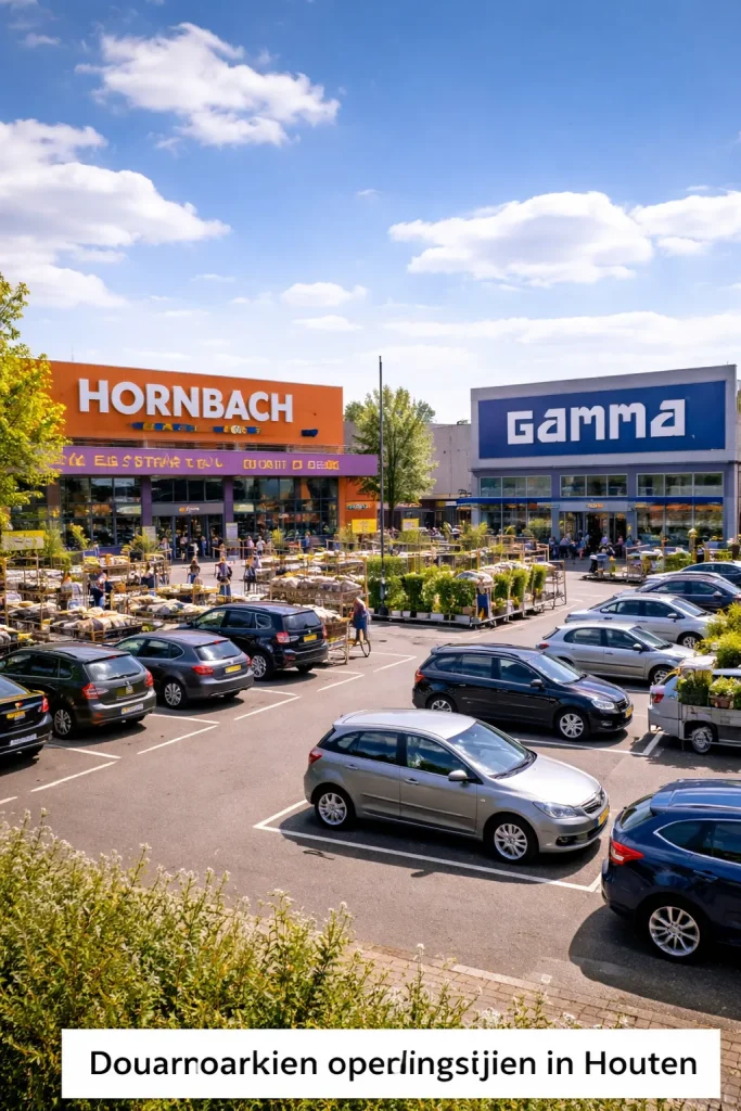 Website index Een realistische foto van bouwmarkten in Houten met parkeerplaats, winkelgevels en een drukke, moderne omgeving.